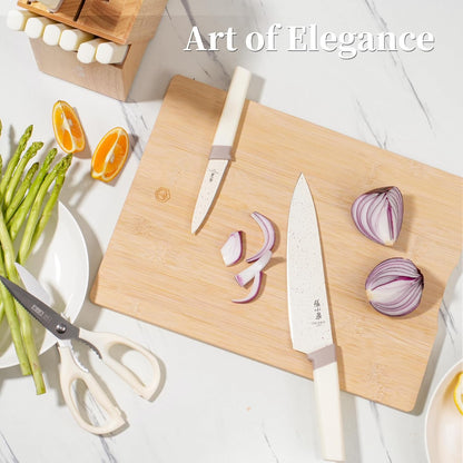 ZHANG XIAO QUAN Knife Set with White Block, High Carbon Stainless Steel Sharp Blades, Built-in Sharpener Kitchen Knife Block Set for Home Cooking