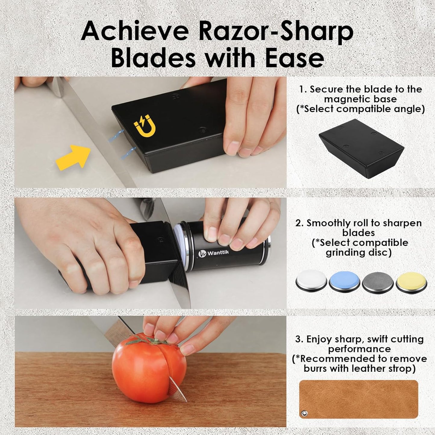 Rolling Knife Sharpener Kit, Upgraded Roller Knife Sharpener with Leather Strop for Kitchen Knives, 4-Disc Rolling Stone Sharpener with 15&18&20&22 Degree Sharpening, Gold