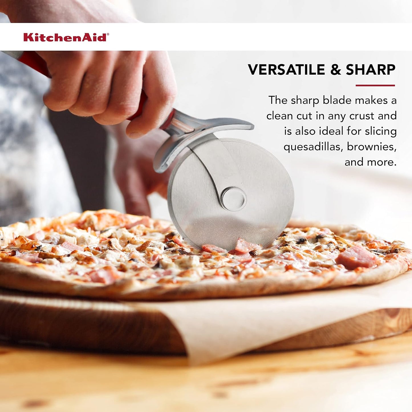 KitchenAid Gourmet Stainless Steel Pizza Wheel with Sharp Blade to Easily Cutting Pizza Crusts, Pies, and more, Finger Guard for Safety and Comfort Grip to Protect Fingers, Dishwasher Safe, Black