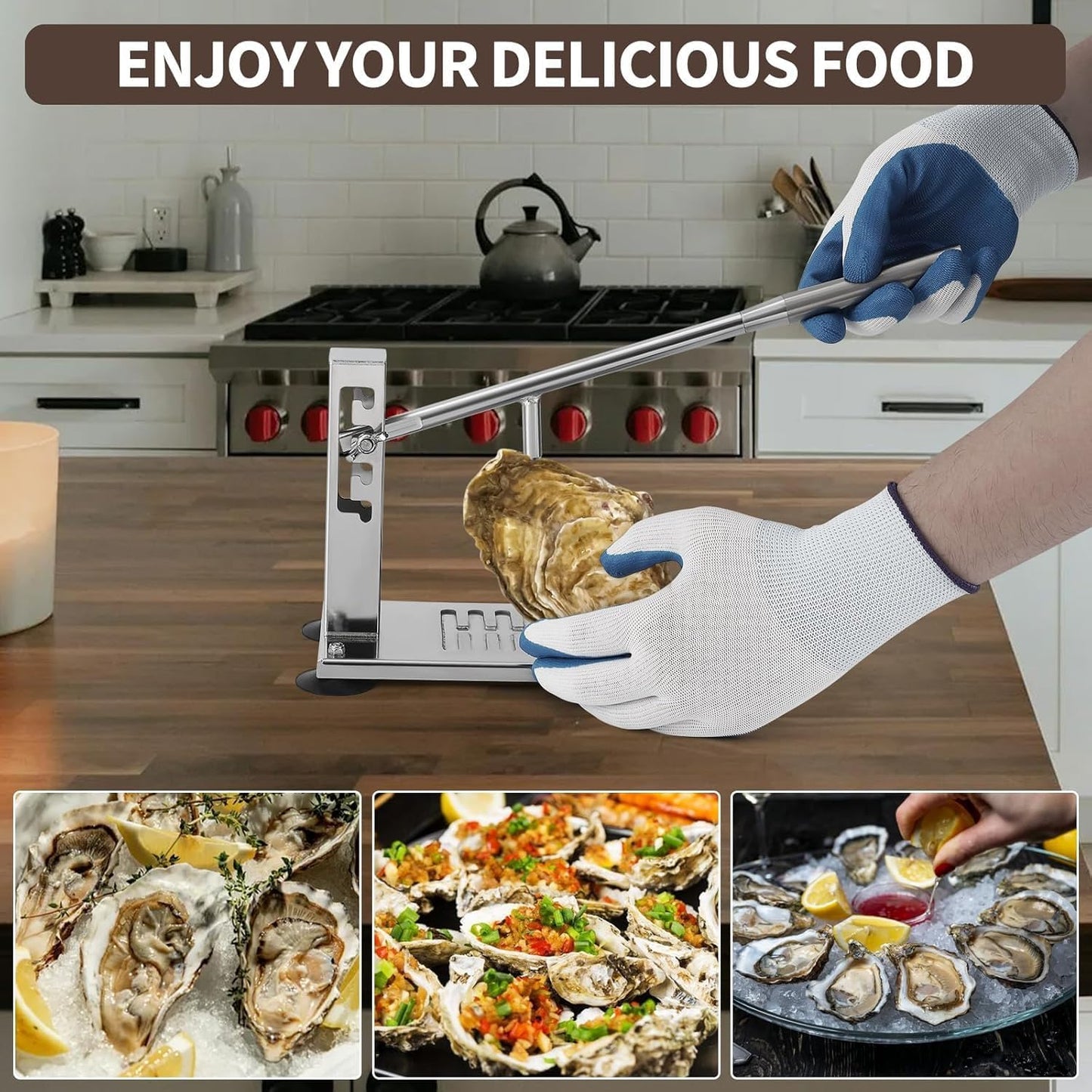 Oyster Opener Machine, Stainless Steel Oyster Shucker Tool with 5 Adjustable Heights, Oyster Clam Opener Tool Set Including Knife, Glove & G-Clip, Shucking Tool Kit for Hotel Buffet and Home