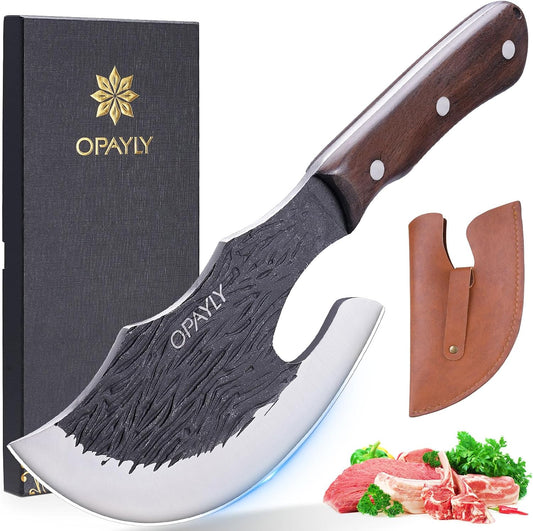 OPAYLY Heavy-Duty Bone Chopper Knife Hand Forged Meat Cutting with Cover Meat Bone Cleaver Knife High Carbon for Kitchen Outdoor Camping BBQ men gifts