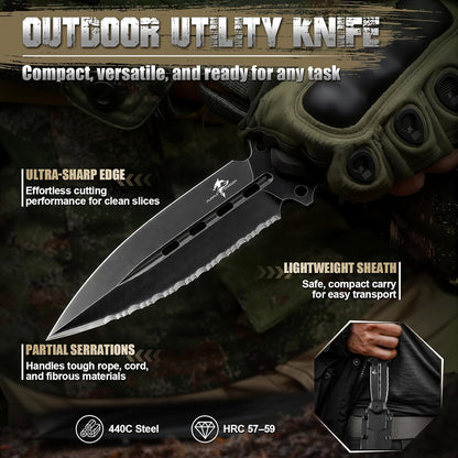 Purple Dragon Fixed Blade Knife with Kydex Sheath,440C Steel Full Tang Outdoor Utility Knife with G10 Handle for Camping, Hiking,Bushcraft & Outdoor Use-Black