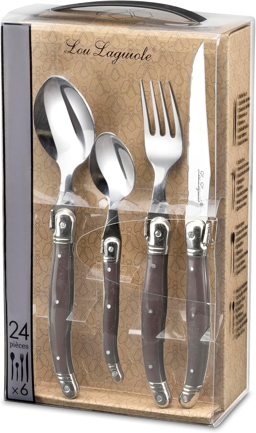 Amefa Silverware Set - 24-Piece, Anthracite Grey Tableware - Stainless Steel Flatware Set with Forks & Spoons & Grapefruit Knives - Rust-Resistant, Dishwasher Safe Utensils