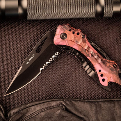 Tac-Force Folding Pocket Knife, 3.25-inch Serrated Blade, Orange Aluminum Handle, 7.75-inch Overall Length TF-705EM