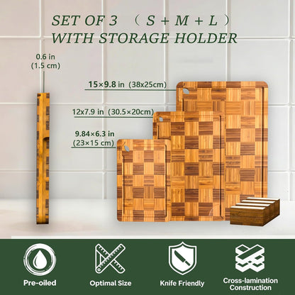 Cutting Boards for Kitchen, Bamboo Cutting Board Set of 3 with Storage Stand, Deep Carbonized Chopping Boards with Deep Juice Grooves and Side Handles for Meat, Vegetables, Fruit and Meal Prep