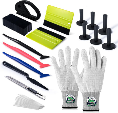 FOSHIO Vinyl Magnets Window Tint Kit, 6PCS Car Wrap Magnets & Vinyl Wrap Gloves, Felt Squeegee and Felt Tape, Utility Knife Set Wrapping Paper Cutter, Micro Squeegee Corner Squeegee Window Tint Tools