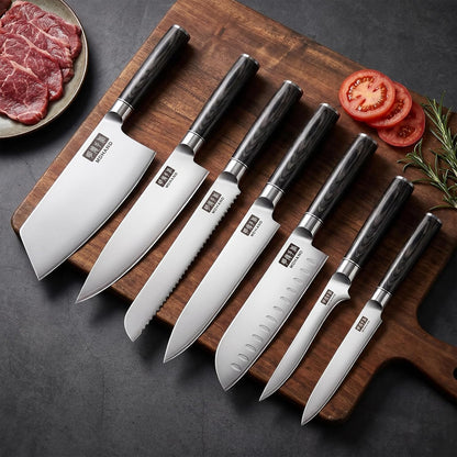 MDHAND Kitchen Knife Set, 7 Pieces Ultra Sharp Japanese Knife Set, High Carbon Stainless Steel Professional Chef Knives Set with Black Pakkawood Handle for Home Cooking, Dishwasher Safe