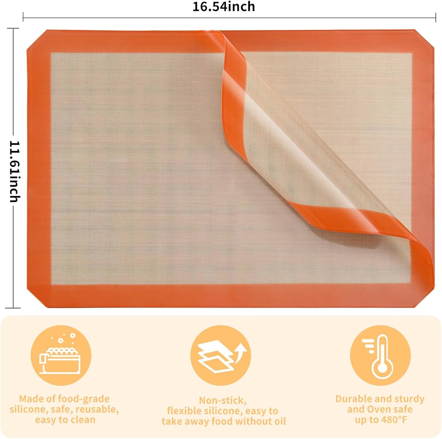 Luckyiren 2-Pack Silicone Baking Mats – Non-Stick Reusable BPA-Free Oven Liners, 100% Food-Grade Silicone, Fit Half Sheet Pans (16.54" x 11.62") for Cookies, Pastry & More