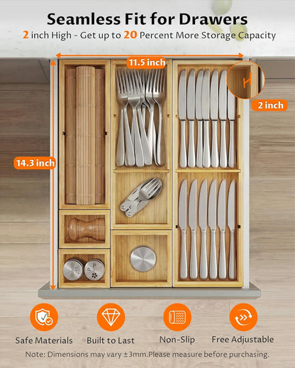 12 Compartments Silverware Drawer Organizer, 6 Piece Bamboo Utensil Tray Set for Kitchen Spoons Forks Knives, Adjustable Cutlery Holder with Removable Dividers for Flatware, Bedroom & Living Room