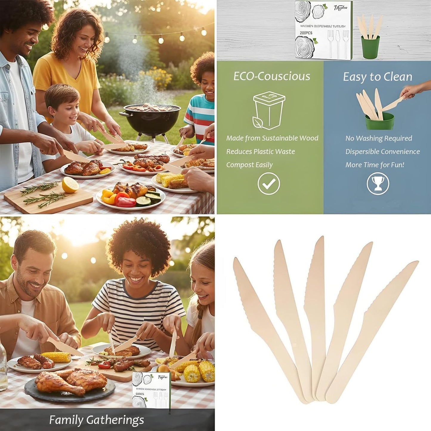 200 Disposable Knives - 6.5 Inch Long Wooden Cutlery - Biodegradable Silverware for Catering Formal Events, Parties, Picnics, Camping, Travel, Weddings, and Other Occasions
