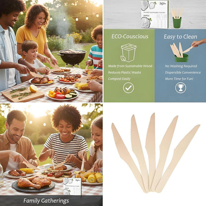 200 Disposable Knives - 6.5 Inch Long Wooden Cutlery - Biodegradable Silverware for Catering Formal Events, Parties, Picnics, Camping, Travel, Weddings, and Other Occasions