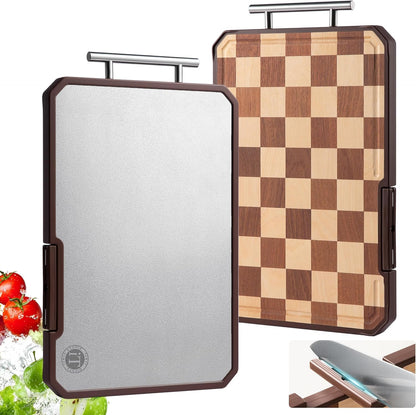 Titanium Cutting Board with Knife Sharpener, Pure Titanium & Acacia Wood Cutting Boards for Kitchen, Double Sided Checkerboard Chopping Board with Handle & Stand, 16.7”×10.4”x×1.2”