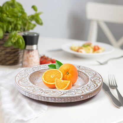 Mango Carving Wood Round Platters for Ottoman or Side Table, Charcuterie Board or Cheese Platter for Living Room (13" x 13" x 2" - White Wash)