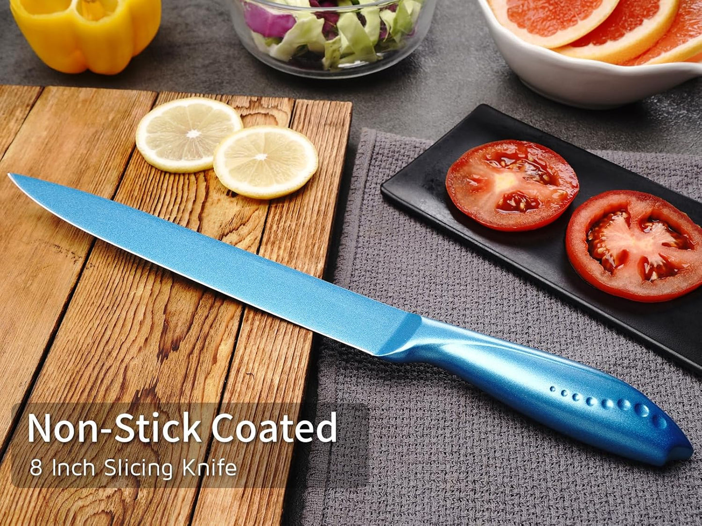 8 Inch Slicing Knife, German High Carbon Stainless Steel Blade and Ergonomic Comfortable Handle, Non-Stick Slicer Knife for Carving Slicing Cutting of Meat Vegetables and Fruits-Blue