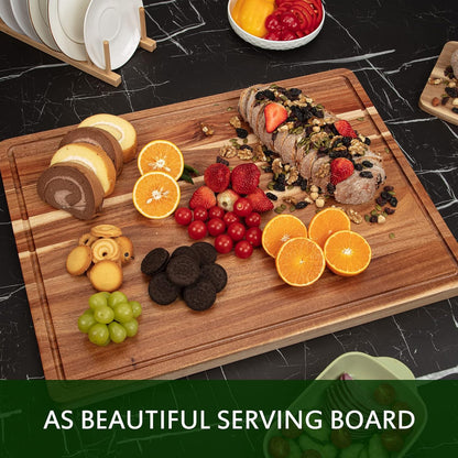 GarveeHome 18 in x 12 in Acacia Wood Cutting Board, 1 in Thick Chopping Board with Deep Juice Groove and Back Inner Handles, Kitchen Butcher Block Cutting Board for Meat, Vegetables and Fruit