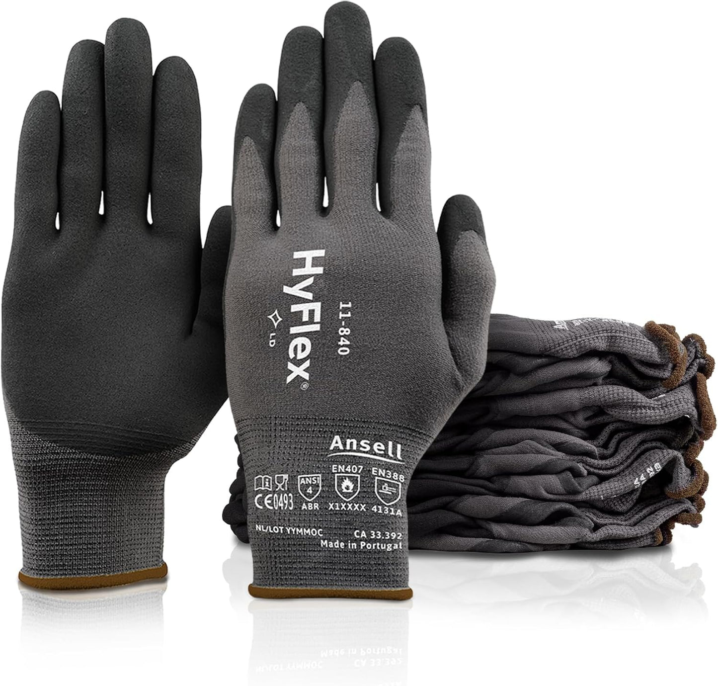 Ansell HyFlex 11-840 Ergonomic Abrasion-Resistant Nylon Spandex Nitrile Coated Industrial Gloves for Automotive, Fabrication