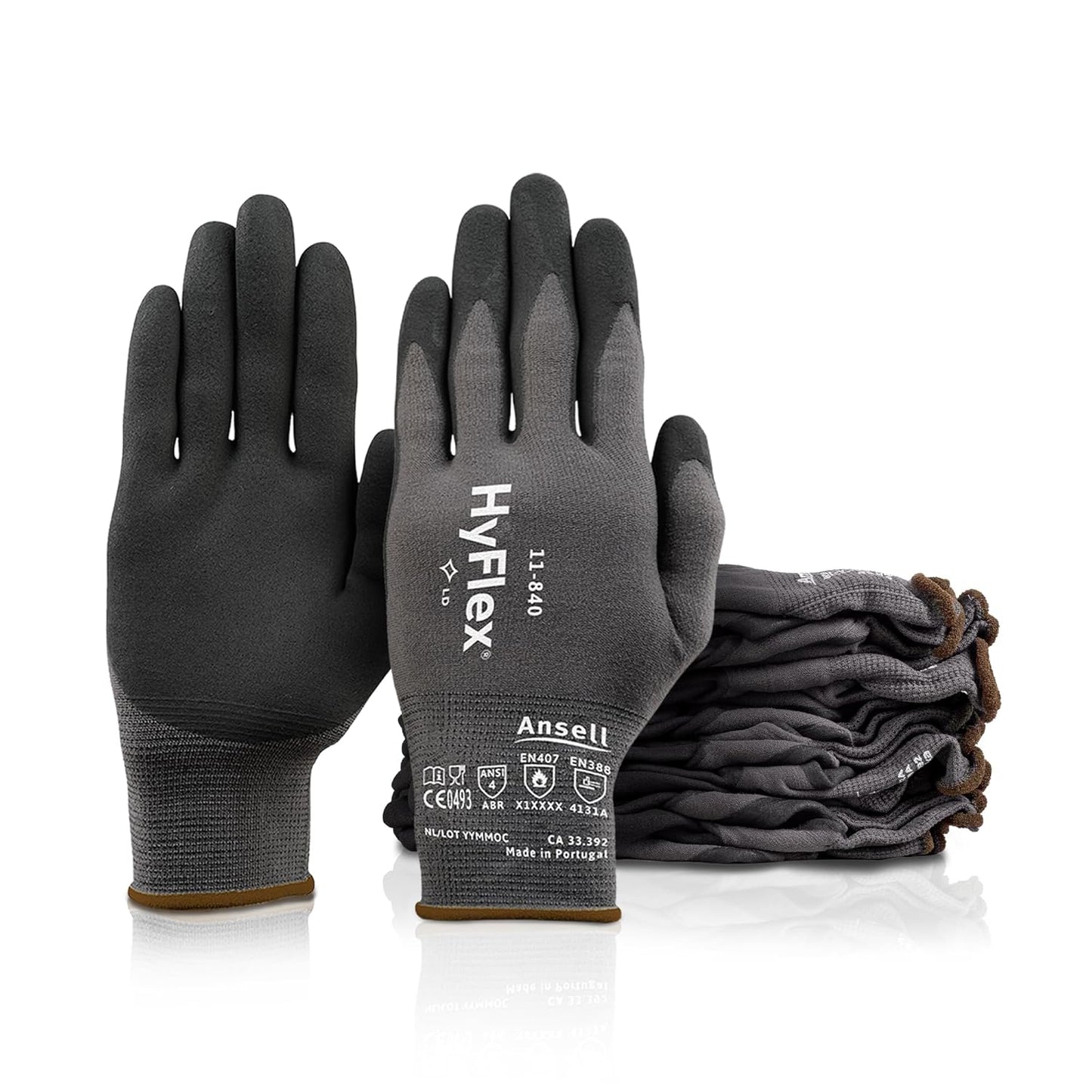 HyFlex 11-840 Ergonomic Abrasion-Resistant Nitrile Foam Industrial Gloves for Automotive, Fabrication, EMS, Utilities - Size 9, Black (12 Pairs)