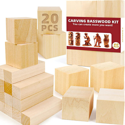 Basswood Carving Blocks, 19PCS Whittling Wood Blocks Kit with 3 Different Sizes, Bass Wood for Carving Easy to Use, for Kids and Adults
