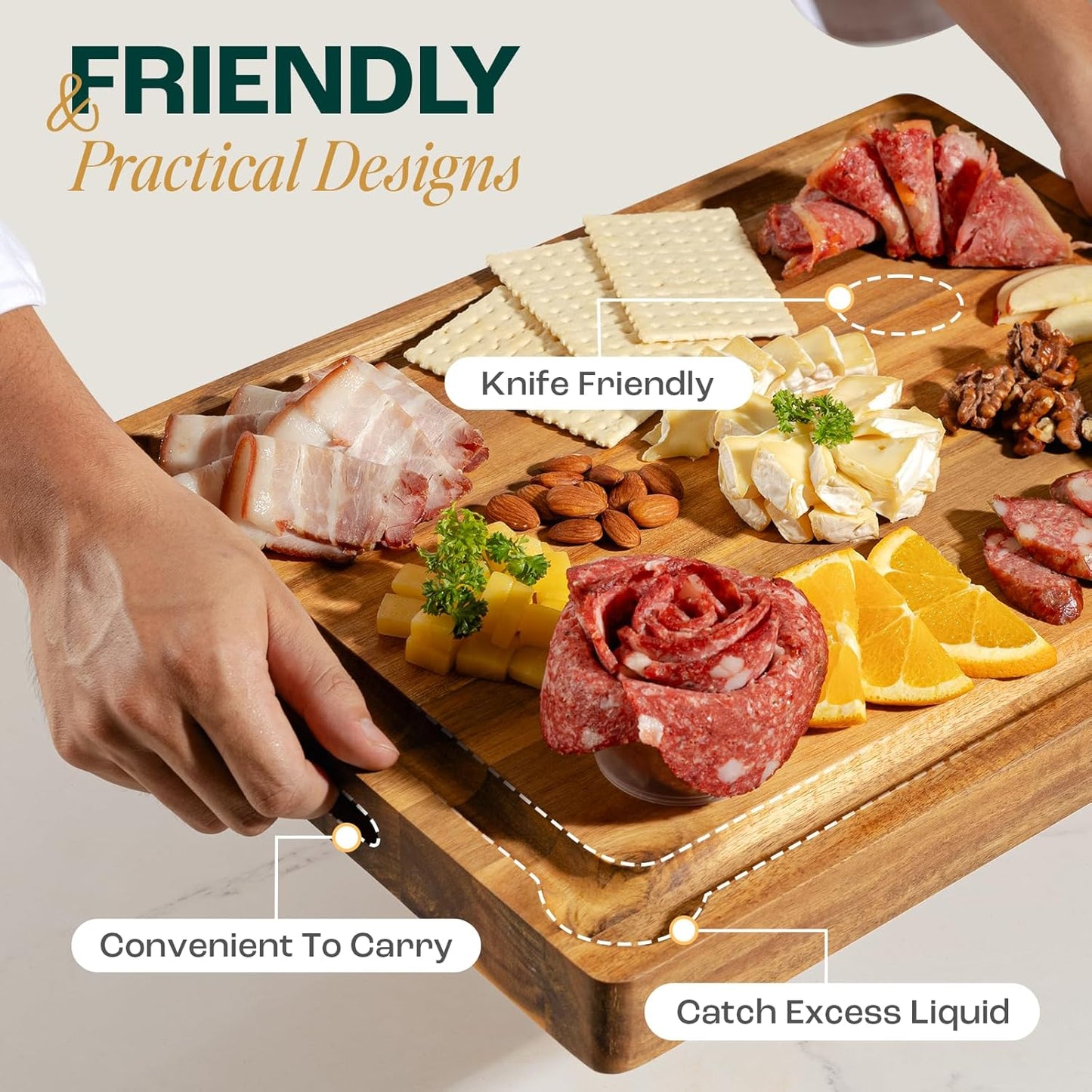 Yes4All Durable Acacia Cutting Boards for Kitchen, [17''Lx13''Wx1.5” Thick] Medium Edge Grain Cutting Board, Pre Oiled Wood Cutting Boards, Thick Chopping Board w/Juice Grooves and Easy Grip Handle