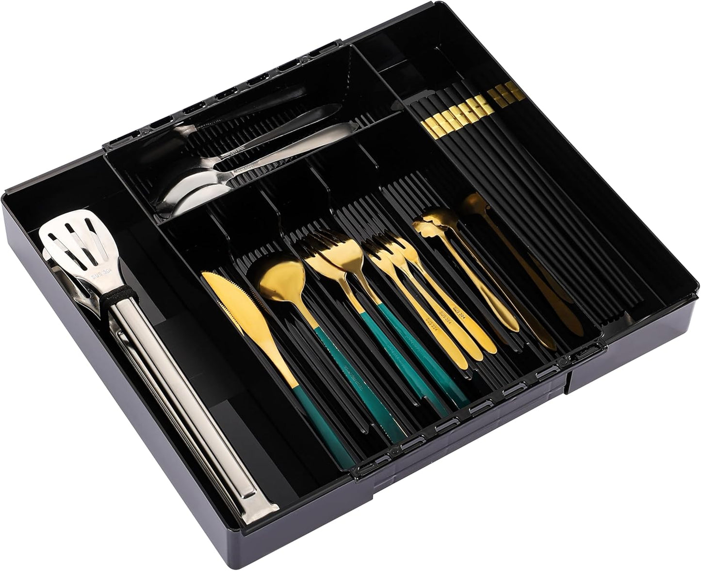 IEEK Silverware Drawer Organizer Tray for Kitchen,Expandable Utensil Tray Multipurpose Drawer Dividers Adjustable Cutlery and Flatware Holder,Plastic Spoon Forks Knives Holder Storage Divider,Clear-M