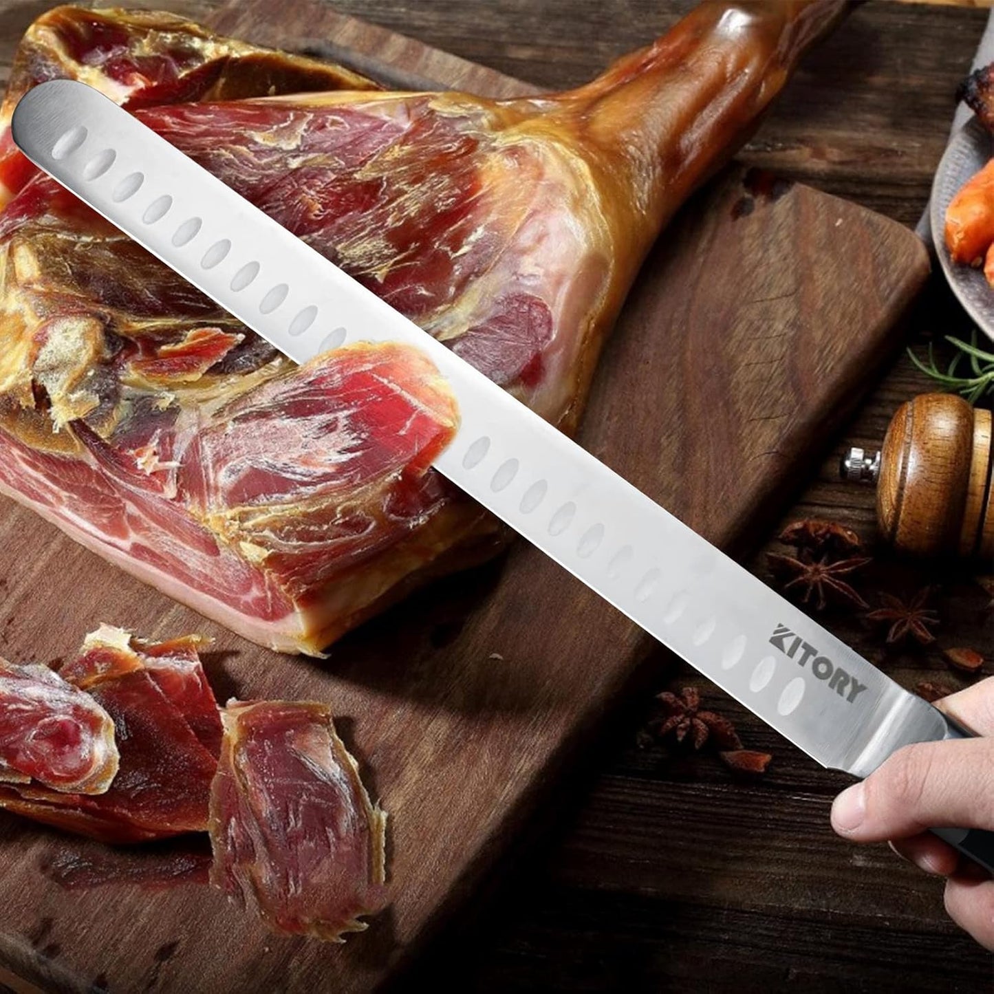 Kitory Slicing Carving Knife - 12" Brisket Knife - Pakka Wood Handle - Forged German High Carbon Steel Granton Blade, BBQ, Grilling Gifts For Men -Metadrop Series