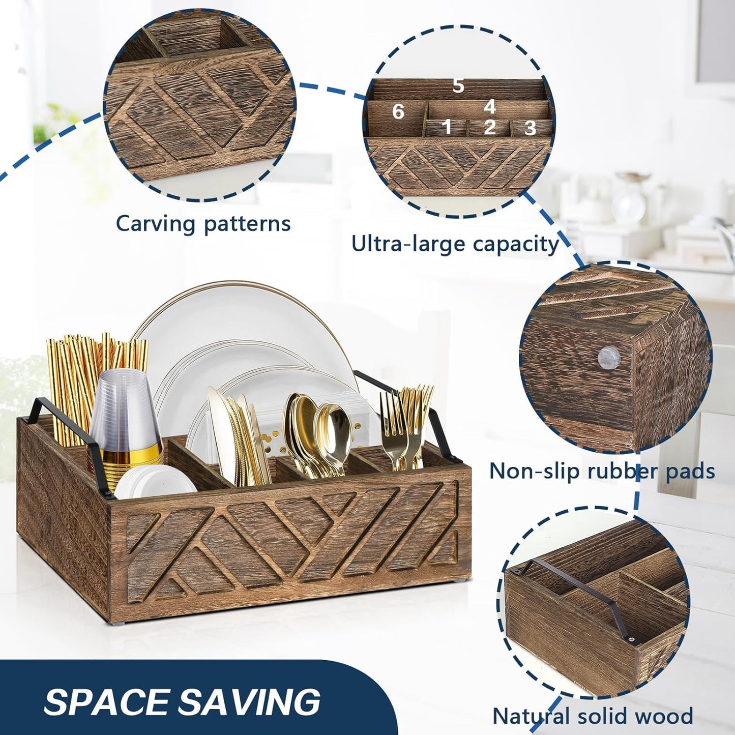Ukonvi Paper Plate Dispenser, Paper Plate Holder for Kitchen Counter, Wood Rustic Silverware Utensil Caddy, Cutlery Flatware Organizer Box for Cups Spoons Forks Plates Napkins, Kitchen Accessories