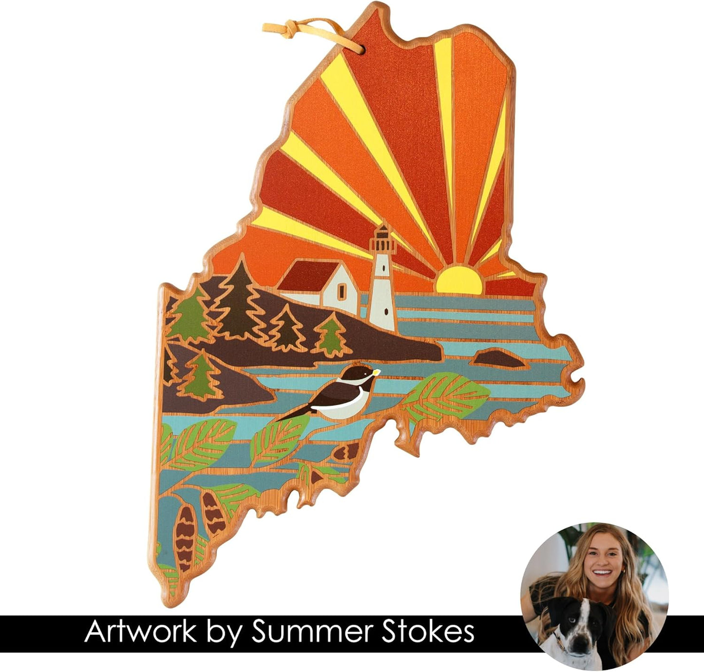 Totally Bamboo North Carolina State Shaped Cutting Board and Charcuterie Serving Platter with Artwork by Summer Stokes, Includes Hang Tie for Wall Display 18" x 8" x 5/8" - Colors A