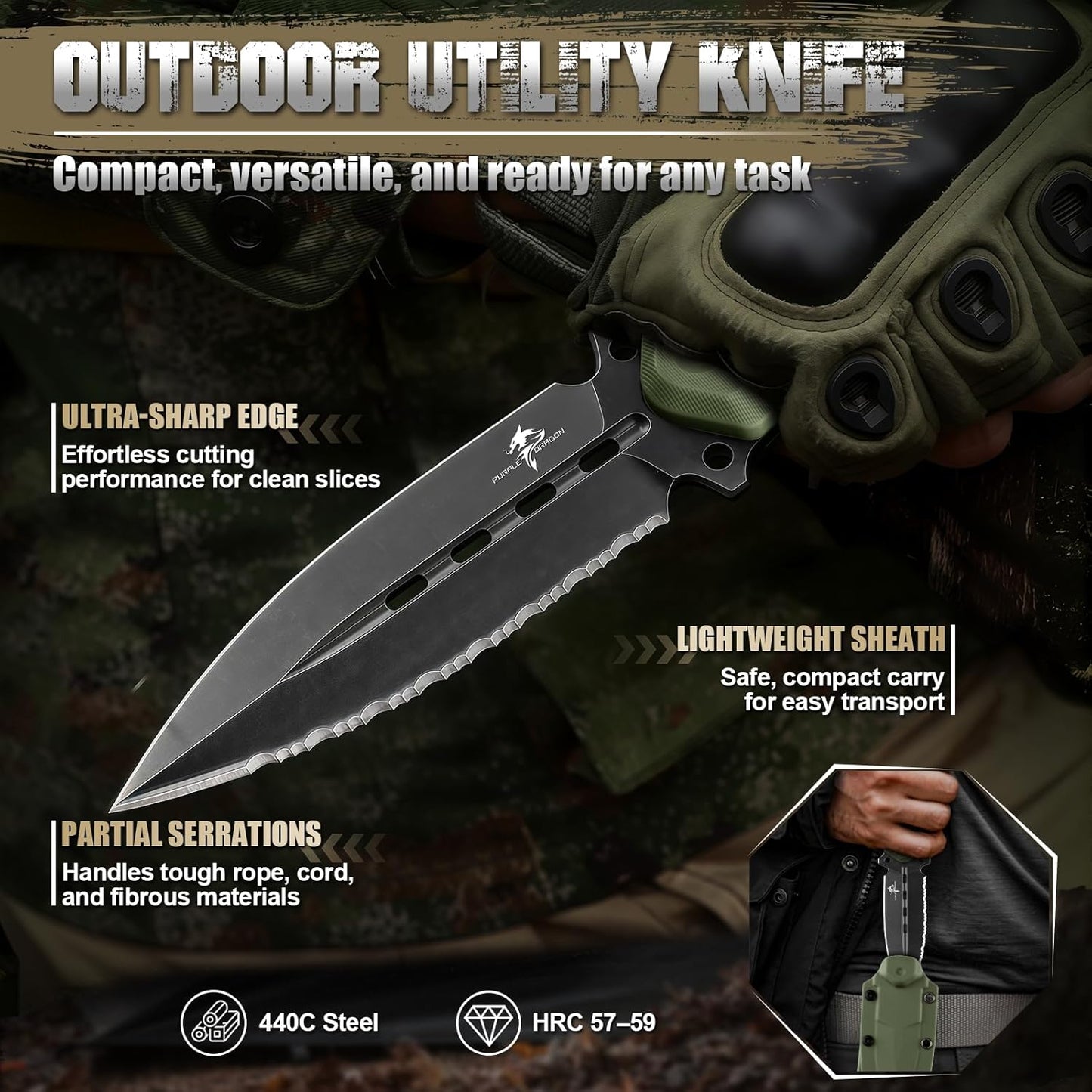 Purple Dragon Fixed Blade Knife with Kydex Sheath,440C Steel Full Tang Outdoor Utility Knife with G10 Handle for Camping, Hiking,Bushcraft & Outdoor Use-Black