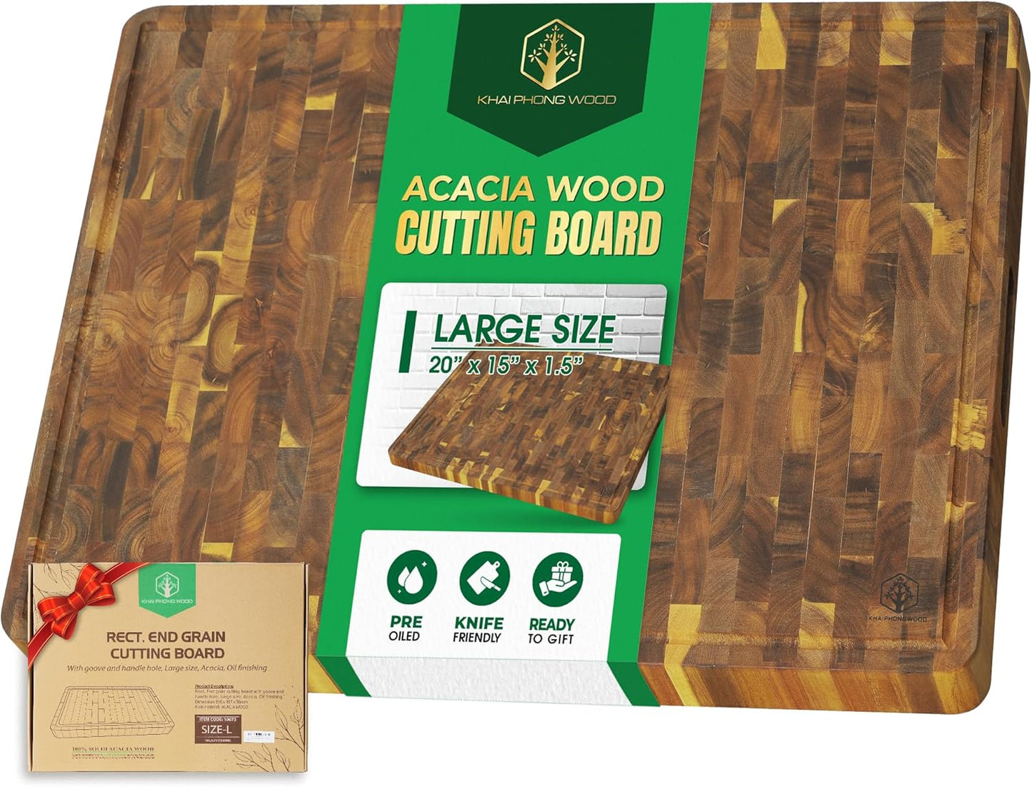 End Grain Acacia Wood Cutting Boards for Kitchen, 1.5 in Thick Butcher Block Construction for Stability, 15 x 10 in Medium Cutting Boards with Gift Box, Juice Groove and Handle