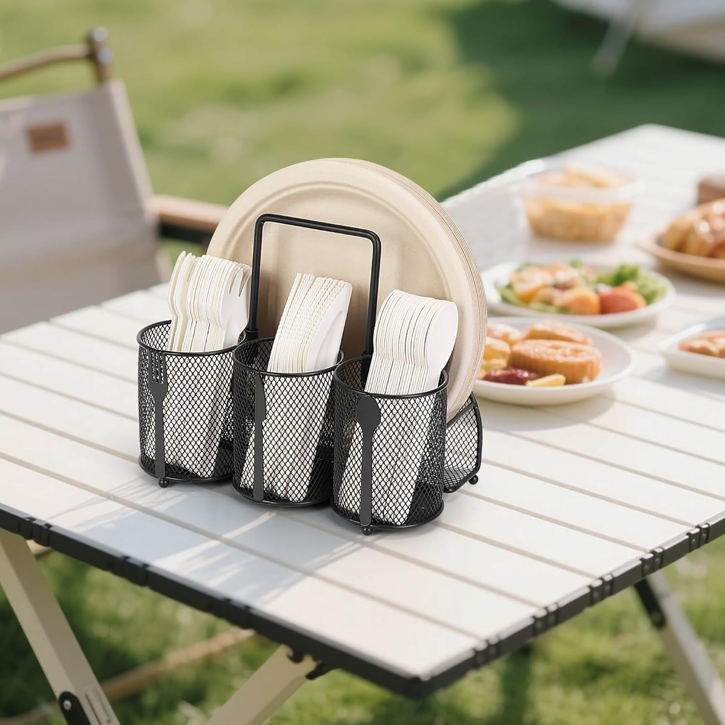 Paper Plate and Silverware Holder Caddy, 4 Compartments Metal Utensil Cutlery Caddy for Party, Spoon, Fork and Paper Plate Organizer with Handle for Countertop,Buffet, Picnic, Camping, Outdoor, BBQ