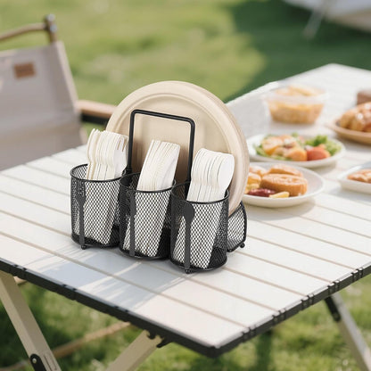 Paper Plate and Silverware Holder Caddy, 4 Compartments Metal Utensil Cutlery Caddy for Party, Spoon, Fork and Paper Plate Organizer with Handle for Countertop,Buffet, Picnic, Camping, Outdoor, BBQ