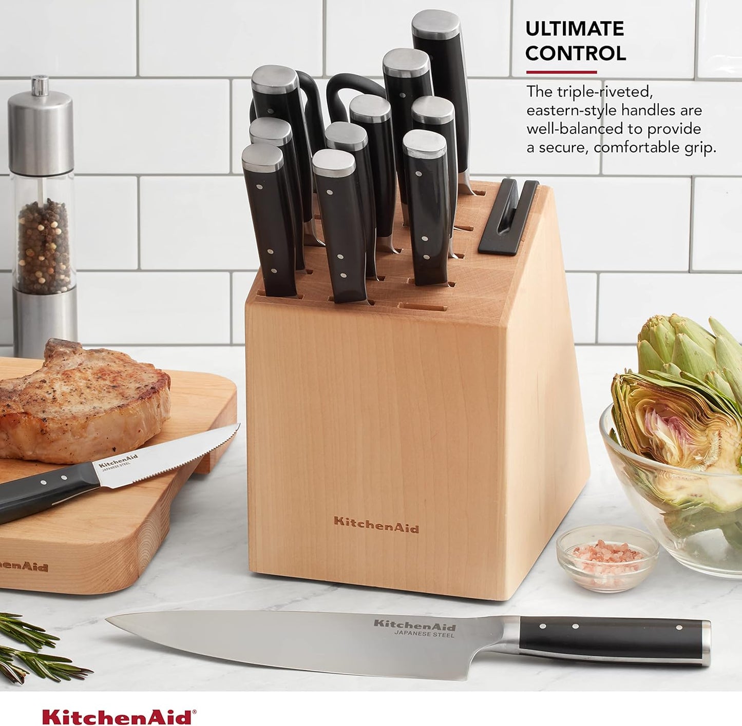 KitchenAid Gourmet Forged Triple Rivet Knife Block Set with Built-in Knife Sharpener, High Carbon Japanese Stainless Steel Kitchen Knives, Sharp Kitchen Knife Set with Block, Birchwood, 14-Piece