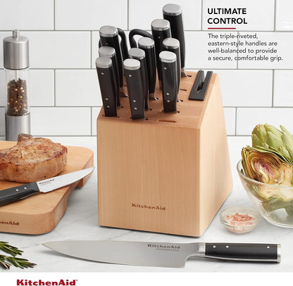 KitchenAid Gourmet Forged Triple Rivet Knife Block Set with Built-in Knife Sharpener, High Carbon Japanese Stainless Steel Kitchen Knives, Sharp Kitchen Knife Set with Block, Birchwood, 14-Piece
