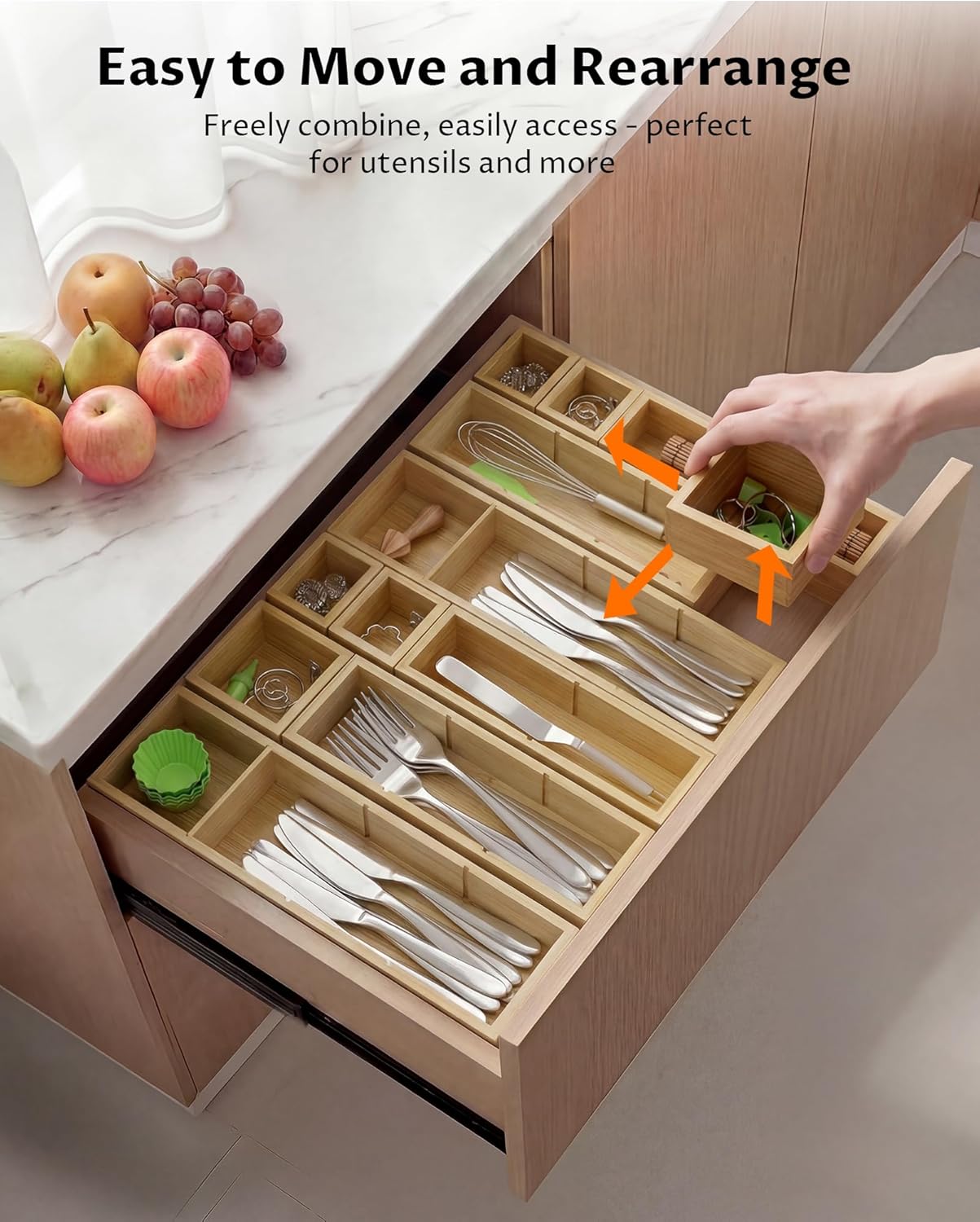 12 Compartments Silverware Drawer Organizer, 6 Piece Bamboo Utensil Tray Set for Kitchen Spoons Forks Knives, Adjustable Cutlery Holder with Removable Dividers for Flatware, Bedroom & Living Room