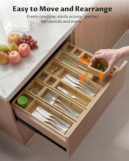 12 Compartments Silverware Drawer Organizer, 6 Piece Bamboo Utensil Tray Set for Kitchen Spoons Forks Knives, Adjustable Cutlery Holder with Removable Dividers for Flatware, Bedroom & Living Room