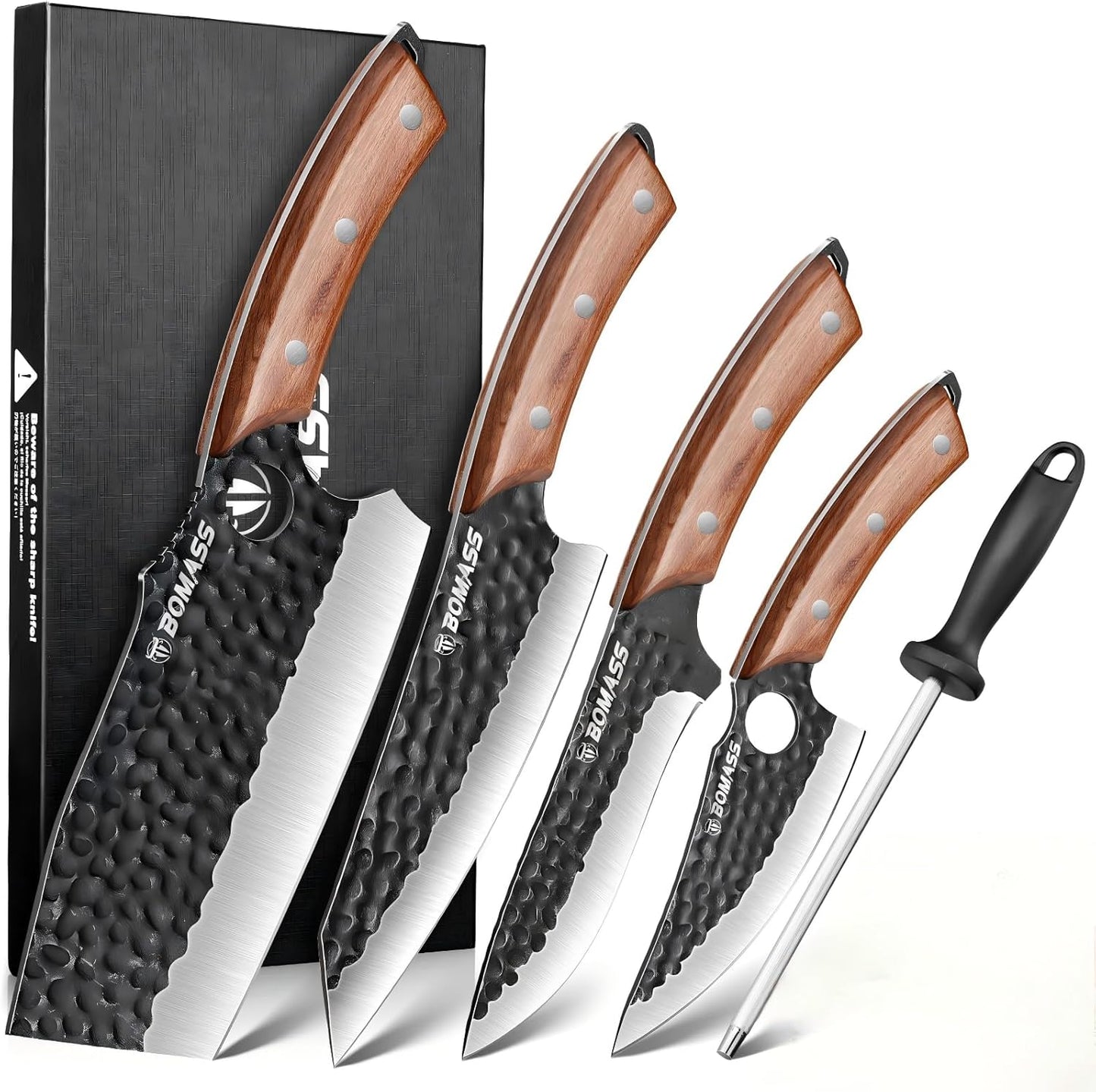 5 PCS Butcher Knife Set Hand Forged, High Carbon Steel Japanese Santoku, Serbian Chef Knife, Viking Knife, Boning Knife, Honing Rod for Kitchen, Outdoor Cooking, BBQ, Camping, Gift for Men