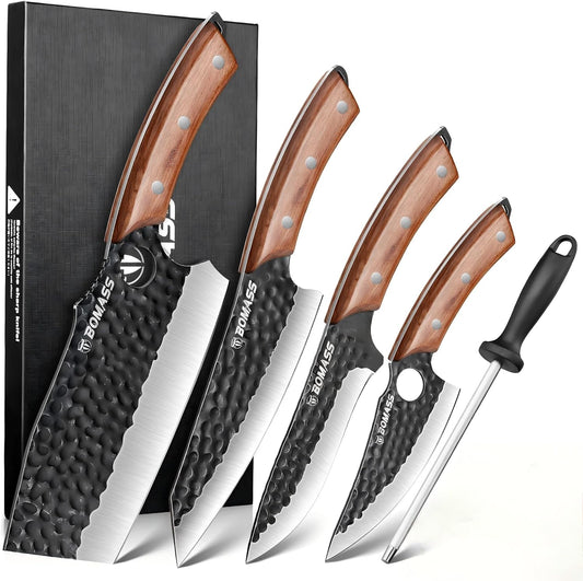 5 PCS Butcher Knife Set Hand Forged, High Carbon Steel Japanese Santoku, Serbian Chef Knife, Viking Knife, Boning Knife, Honing Rod for Kitchen, Outdoor Cooking, BBQ, Camping, Gift for Men