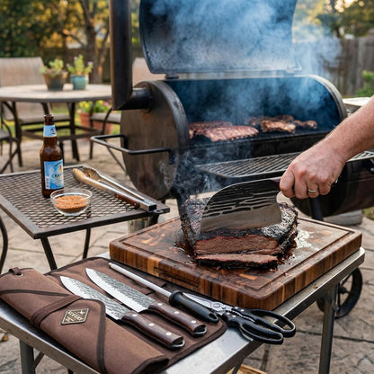 KOFERY Damascus Steel Butcher Knife Set with Full Tang Blades for Pit Master BBQ Meat Carving, Smoking Meat & Game Processing with Canvas Knife Roll for Camping, Gift for Men