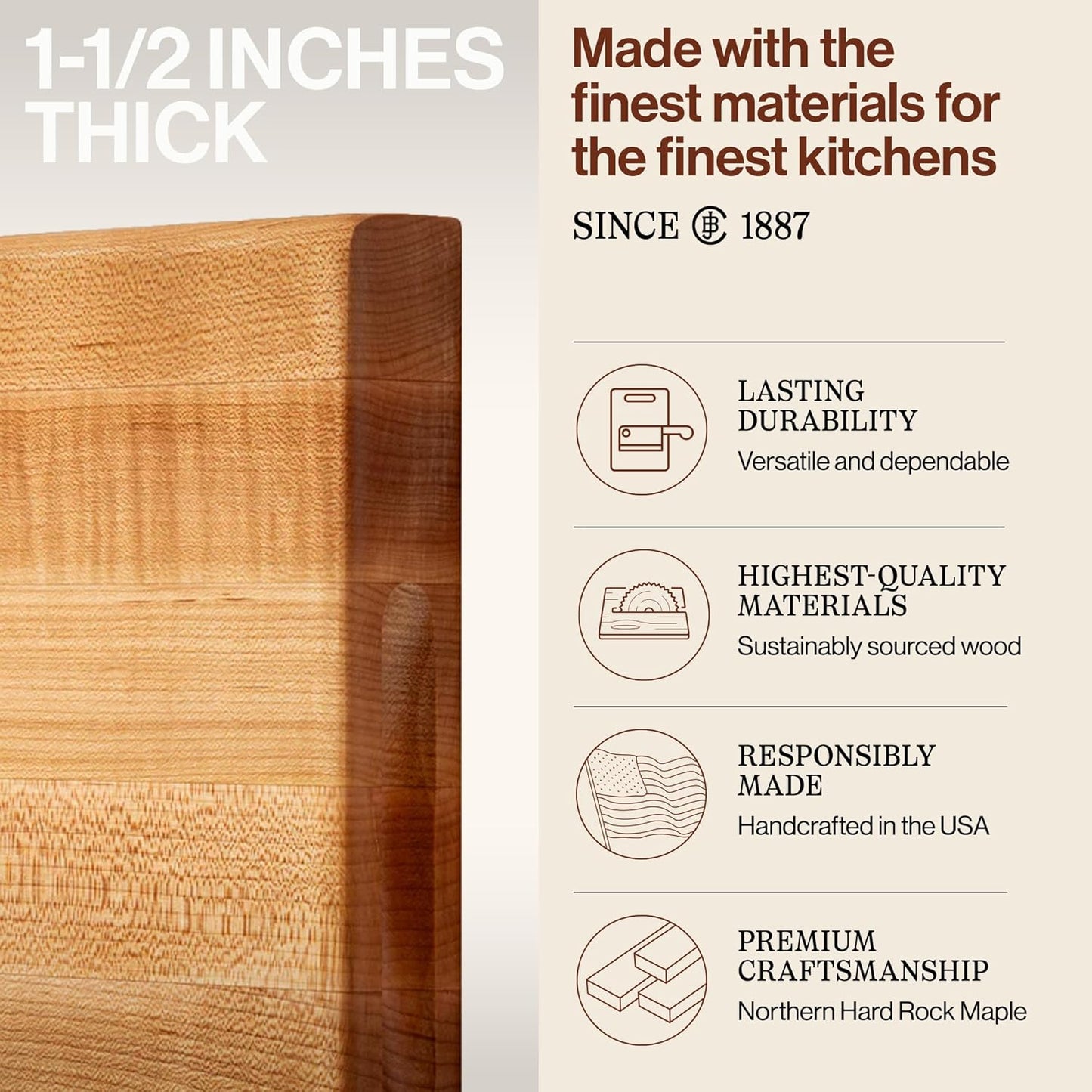 John Boos R-Board Series Rectangular Wooden Maple Cutting Board 20”x15” – 1.5” Thick, 12-lb Reversible Butcher Block with Edge-Grain & Finger Grips – Made in the USA