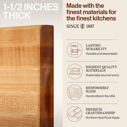 John Boos R-Board Series Rectangular Wooden Maple Cutting Board 20”x15” – 1.5” Thick, 12-lb Reversible Butcher Block with Edge-Grain & Finger Grips – Made in the USA