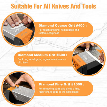 Extra Large Diamond Sharpening Stone Set 3 Side Grit 400/600/1000 Premium Industrial Diamond Knife Sharpener Suitable for Steel of any Hardness with Angle Guide and Non-Slip Base (GB-3DL)