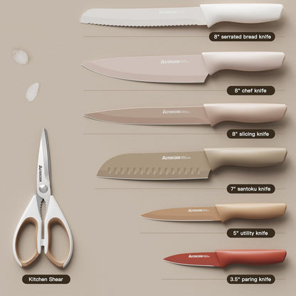 Astercook Knife Set, 13 Pieces Kitchen Knives Set with Healthy Anti-Rust Coating, Dishwasher Safe, Stainless Steel Chef Knife Sets with 6 Blade Guards, Perfect Holiday Gifts for Kitchen Morandi