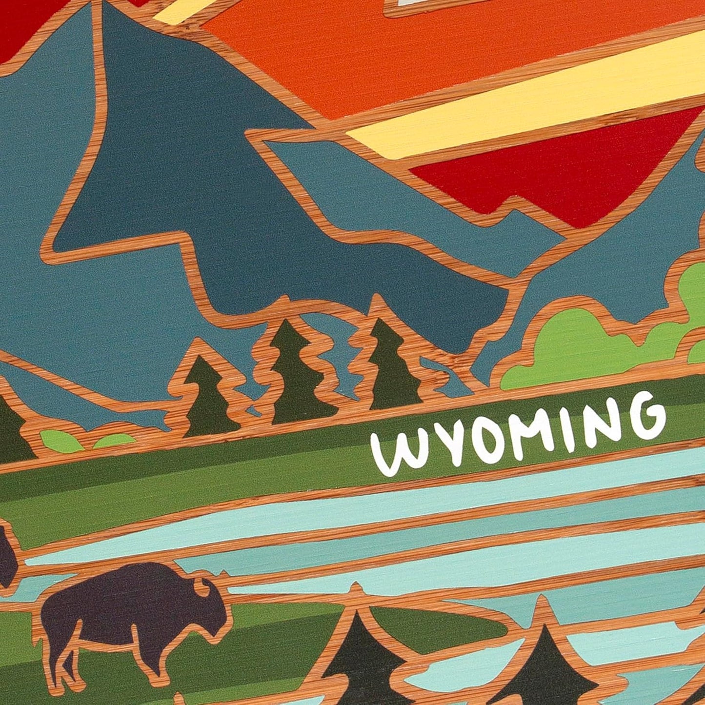 Totally Bamboo North Carolina State Shaped Cutting Board and Charcuterie Serving Platter with Artwork by Summer Stokes, Includes Hang Tie for Wall Display 18" x 8" x 5/8" - Colors A