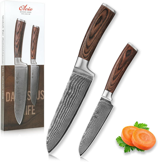 Wakoli EDIB 3-Piece Damascus Kitchen Knife Set in Wooden Gift Box, Razor Sharp Genuine Damascus Steel (VG10 Core), Includes Santoku, Small Santoku and Paring Knife, Ergonomic Pakkawood Handle