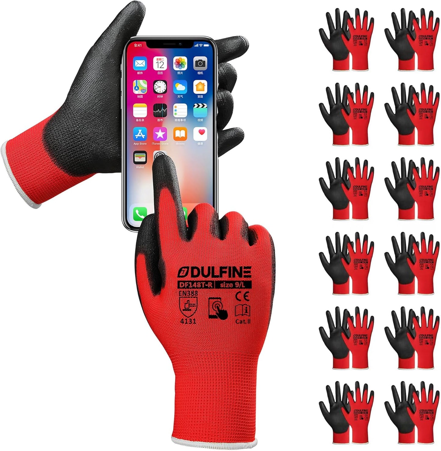 DULFINE Safety Work Gloves PU Coated-12 Pairs,Red Seamless Knit Glove with Polyurethane Coated Smooth Grip on Palm & Fingers, for Men and Women, Ideal for General Duty Work (Large)