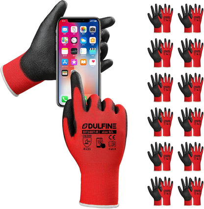 DULFINE Safety Work Gloves PU Coated-12 Pairs,Red Seamless Knit Glove with Polyurethane Coated Smooth Grip on Palm & Fingers, for Men and Women, Ideal for General Duty Work (Large)