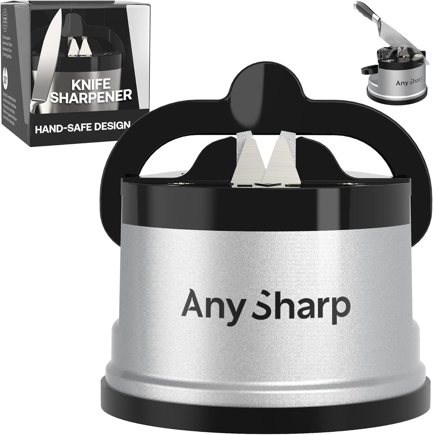 AnySharp – Global – Hands Free Knife Sharpener - Easy to Use Sharpening Tool with PowerGrip Suction Base and 20-Degree Pre-Set Angle - for All Knives: Chef's, Serrated, and Hardened Steel - Red