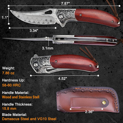 KOMWERO Damascus Pocket Knife for Men, VG10 Core Damascus Steel Folding Knife with Wood Handle, Ball Bearing, Thumb Hole, Liner Lock, Sheath for EDC Outdoor Survival Hunting