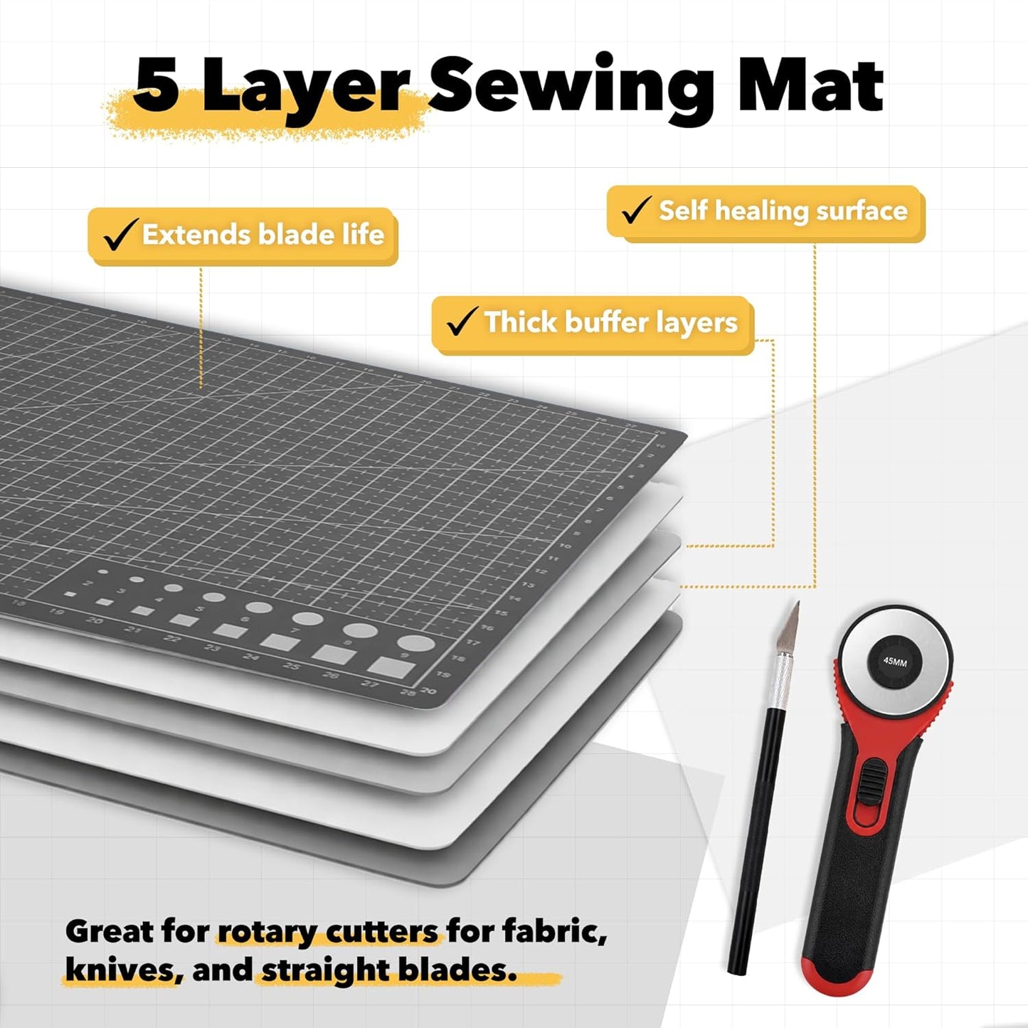 Mandala Crafts Self-Healing Cutting Mat Set – 12" x 18" A3 Green Double-Sided 5-Ply Mat with Fabric Cutter, Quilt Ruler & Craft Knife for Sewing, Quilting, Leather & Scrapbooking
