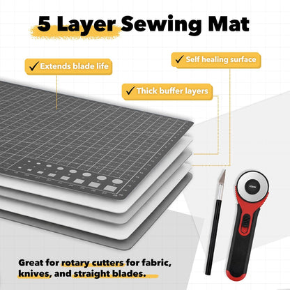 Mandala Crafts Self-Healing Cutting Mat Set – 12" x 18" A3 Green Double-Sided 5-Ply Mat with Fabric Cutter, Quilt Ruler & Craft Knife for Sewing, Quilting, Leather & Scrapbooking